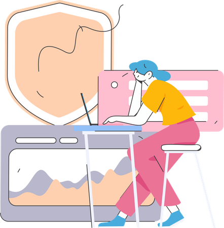 Girl working on secured network  Illustration