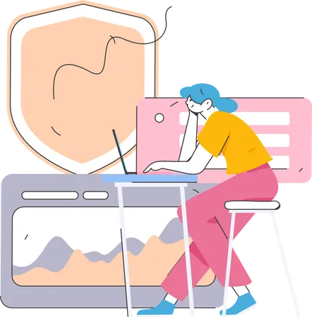 Girl working on secured network  Illustration