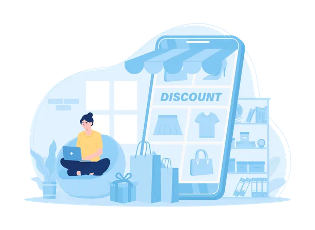 Girl working on shopping discount  Illustration