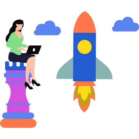 The Girl Is Working On A Startup Rocket Illustration