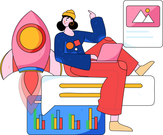 Girl working on startup analysis  Illustration