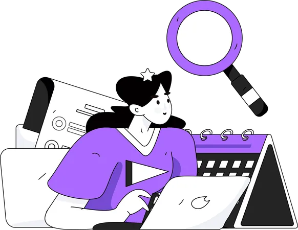 Girl working on task research  Illustration