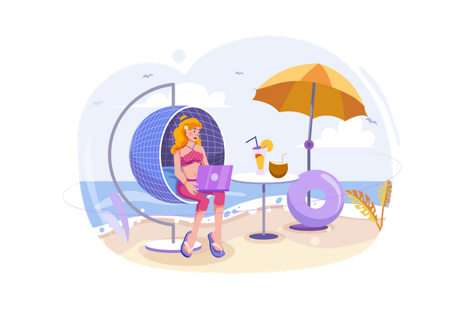 Girl working on vacation Illustration