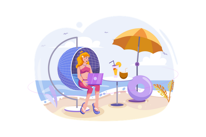 Girl working on vacation  Illustration