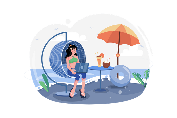 Girl working on vacation  Illustration