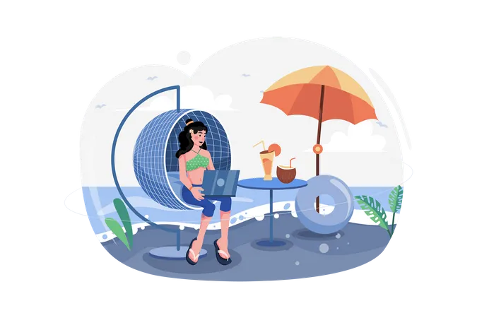 Girl working on vacation  Illustration