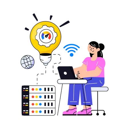 Girl working on Web Hosting Solution  Illustration