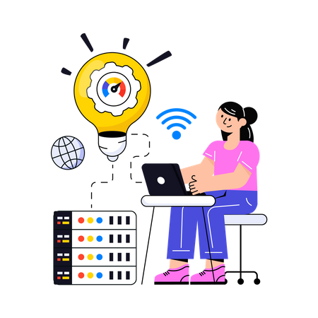 Girl working on Web Hosting Solution  Illustration