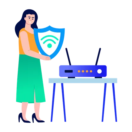 Girl working on wifi security  Illustration