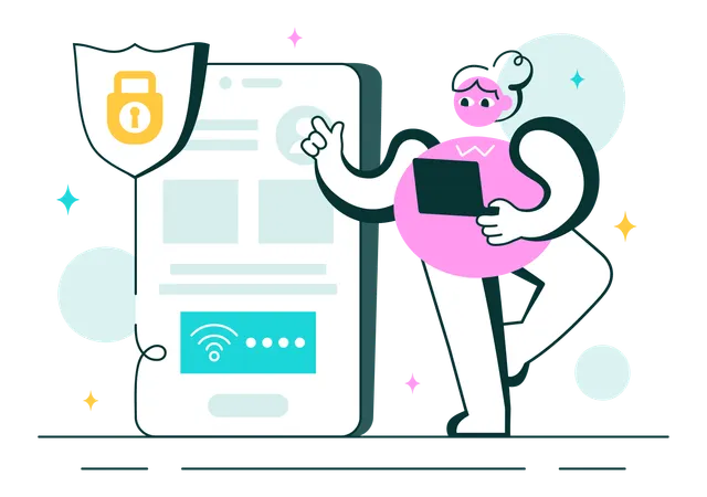 WiFi 보안 무선 기술을 연구하는 소녀  일러스트레이션
