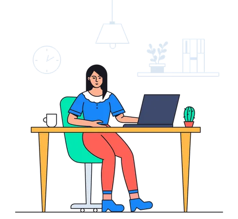 Girl Working Online Colorful Flat Design Style Illustration With Line Elements On White Background A Composition With A Young Woman Female Manager Sitting At The Desk With A Laptop In The Office Illustration