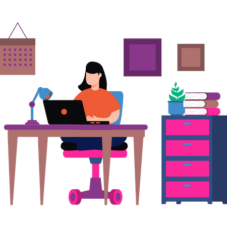 Girl working online at her desk from home  Illustration