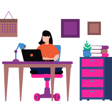 Girl working online at her desk from home  Illustration