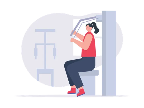 Girl working out on chest press machine at gym Illustration