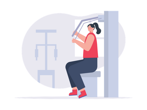 Girl working out on chest press machine at gym  Illustration