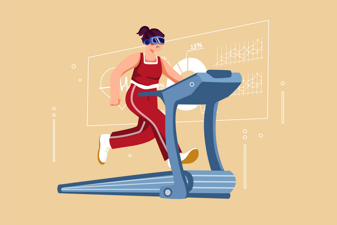 Girl working out virtually on treadmill Illustration