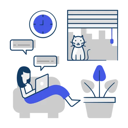 Girl Working remotely on laptop at home Illustration
