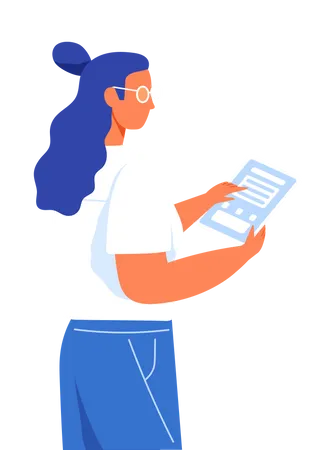 Businesswoman Holding Tablet With Information Woman Holds Electronic Document Female Character Manager Holding E Book Device For E Mail Work With Documents Lady Uses Modern Technology For Work Illustration