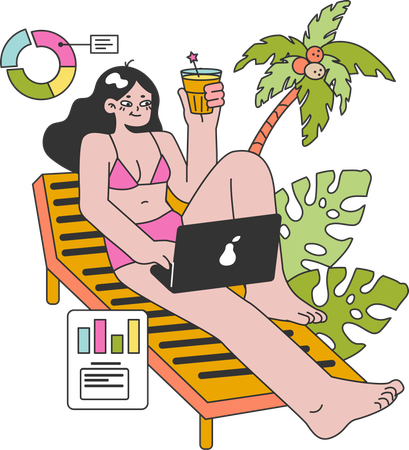 Girl working while enjoying vacation at beach  イラスト