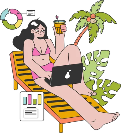 Girl working while enjoying vacation at beach  イラスト