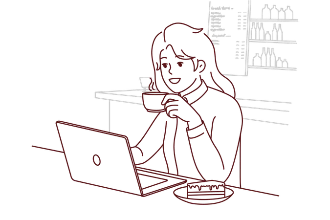 Girl working while having breakfast at cafe  Illustration