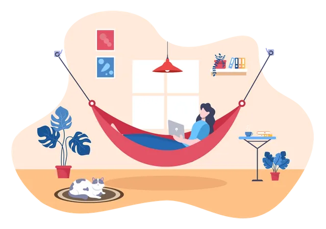 Girl working while lying on hammock from home  Illustration