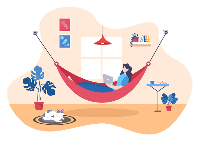 Girl working while lying on hammock from home  Illustration