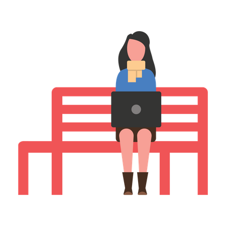 Girl working while sitting on park bench Illustration