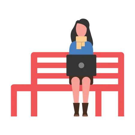 Girl working while sitting on park bench  Illustration