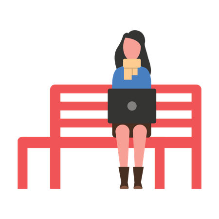 Girl working while sitting on park bench  Illustration