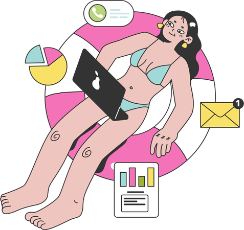 Girl working while swimming in the pool  Illustration