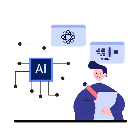 Girl working with AI Digital Creativity  Illustration