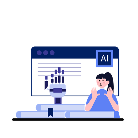 Girl working with AI Learning System Interface  Illustration