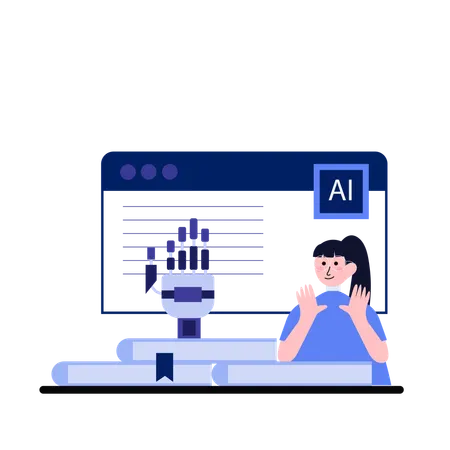 Girl working with AI Learning System Interface  Illustration