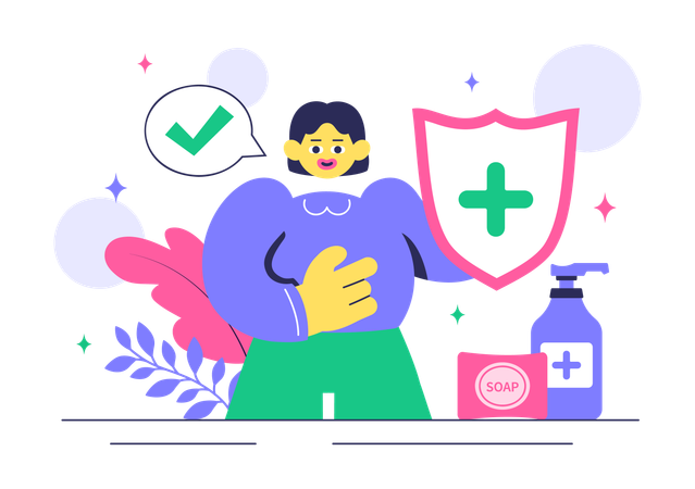 Girl working with antibacteria practices  Illustration