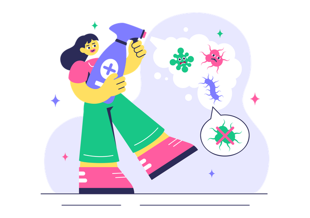 Girl working with antibacteria spray  Illustration