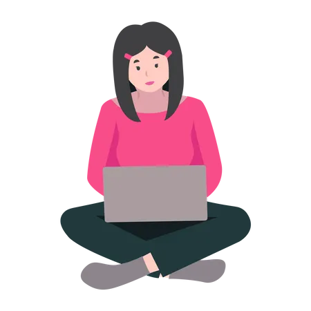 Girl Working with Laptop  イラスト