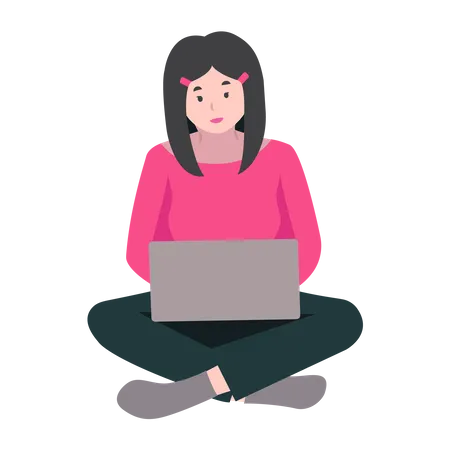 Girl Working with Laptop  Illustration