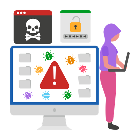 Girl working with Malware Virus  Illustration