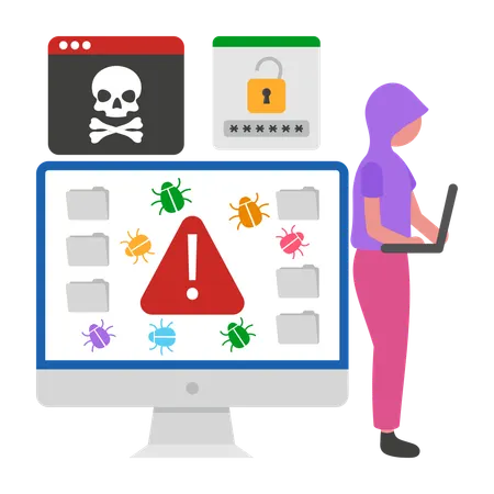 Girl working with Malware Virus  Illustration