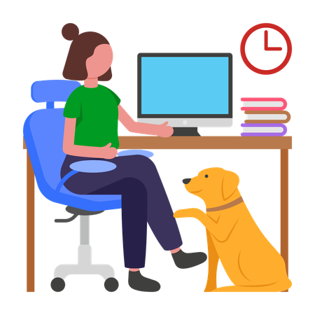 Girl Working with Pet Nearby  Illustration