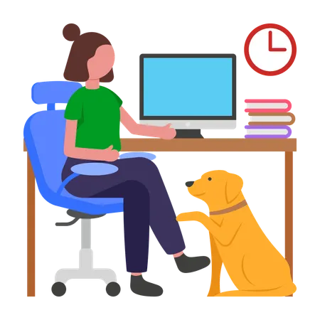 Girl Working with Pet Nearby  Illustration