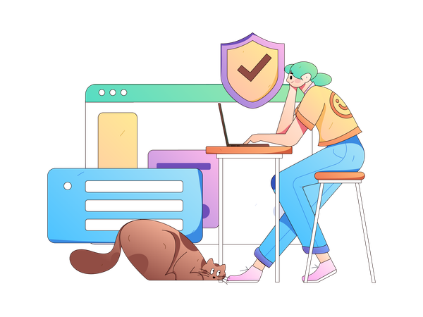 Girl working with secure website on laptop at office  Illustration