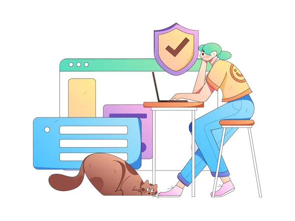 Girl working with secure website on laptop at office  Illustration