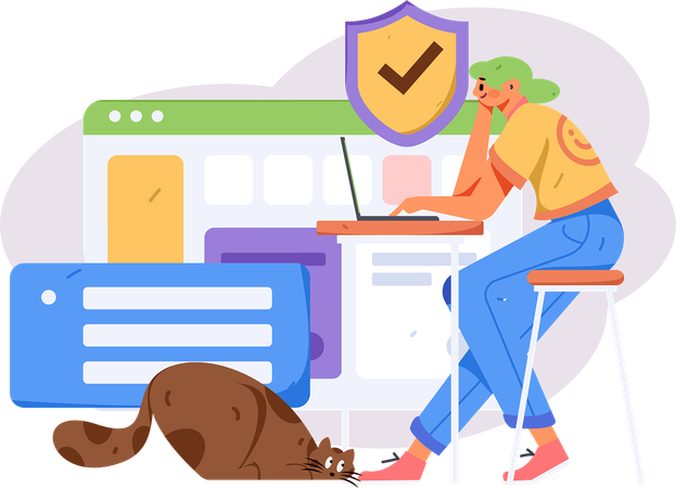 Girl working with secure website on laptop at office  Illustration