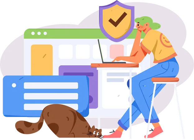 Girl working with secure website on laptop at office  Illustration