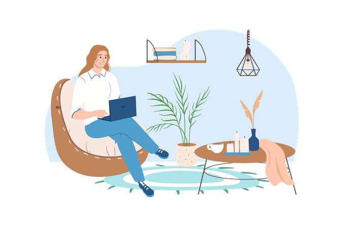 Girl works in a comfortable office with a laptop  Illustration