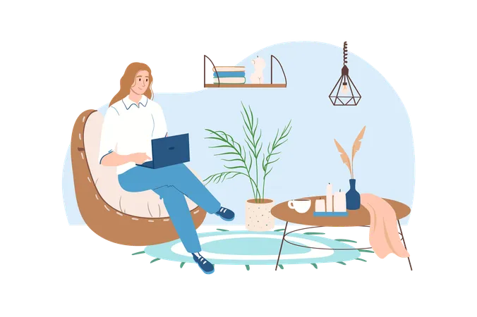 Workplace Blue Concept With People Scene In The Flat Cartoon Style Girl Works In A Comfortable Office With A Laptop Vector Illustration Illustration