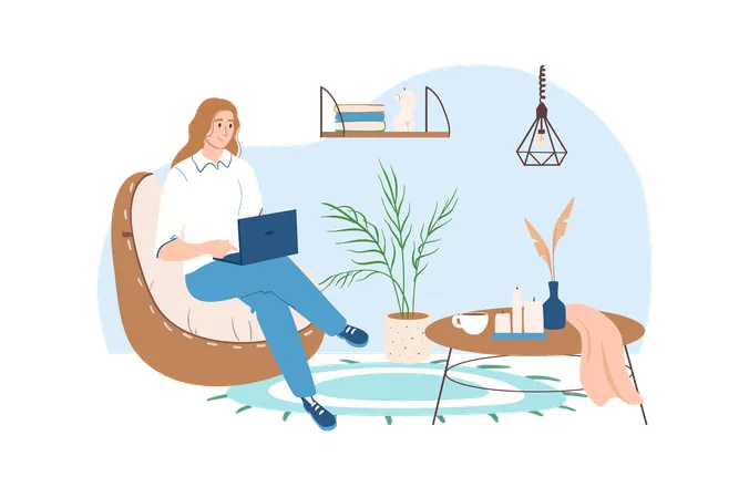 Girl works in a comfortable office with a laptop  Illustration