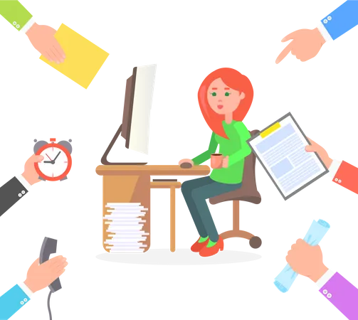 Girl At Desk Works On Computer And Receives More Tasks From Bosses Hands That Hold Papers Phone Receiver Or Alarm Clock Cartoon Vector Illustration Illustration